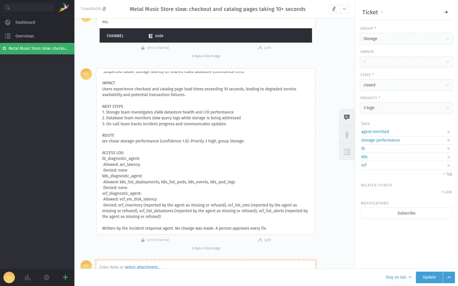 The rest of the enrichment note on ticket 34030: impact, next steps, Jev's route to storage performance, and the access log of allowed and denied tools.