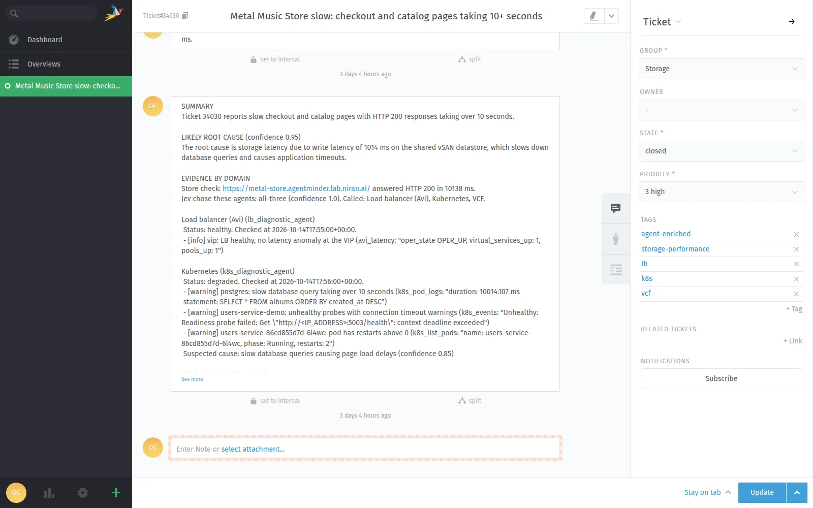 Zammad ticket 34030, Metal Music Store slow checkout. The incident response agent's enrichment note opens with the summary, a likely storage-latency cause, and Jev choosing all three diagnostic agents.