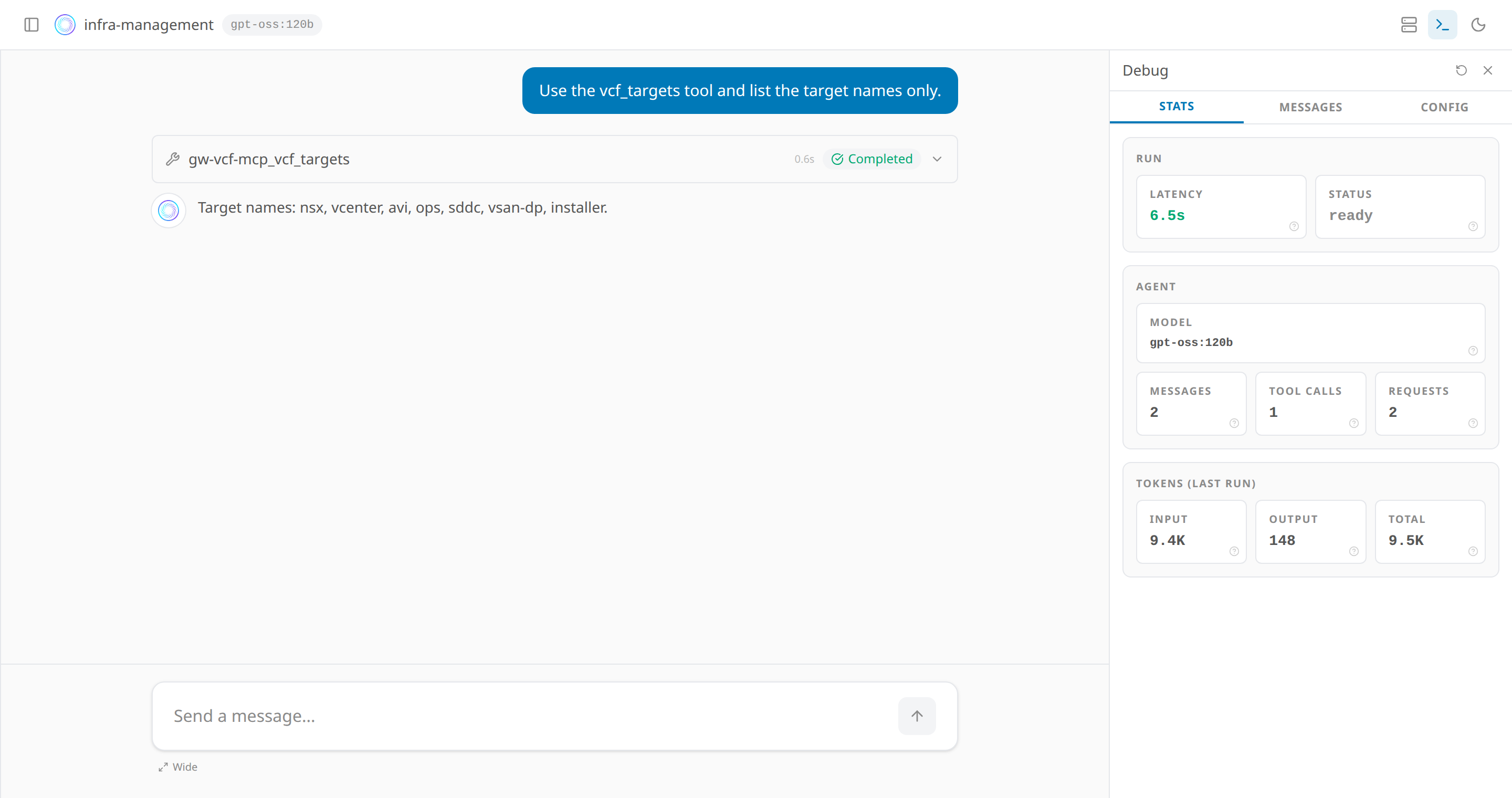 The infra-management agent on Tanzu, running gpt-oss:120b, calling the vcf_targets tool and answering with the live target names: nsx, vcenter, avi, ops, sddc, vsan-dp, installer