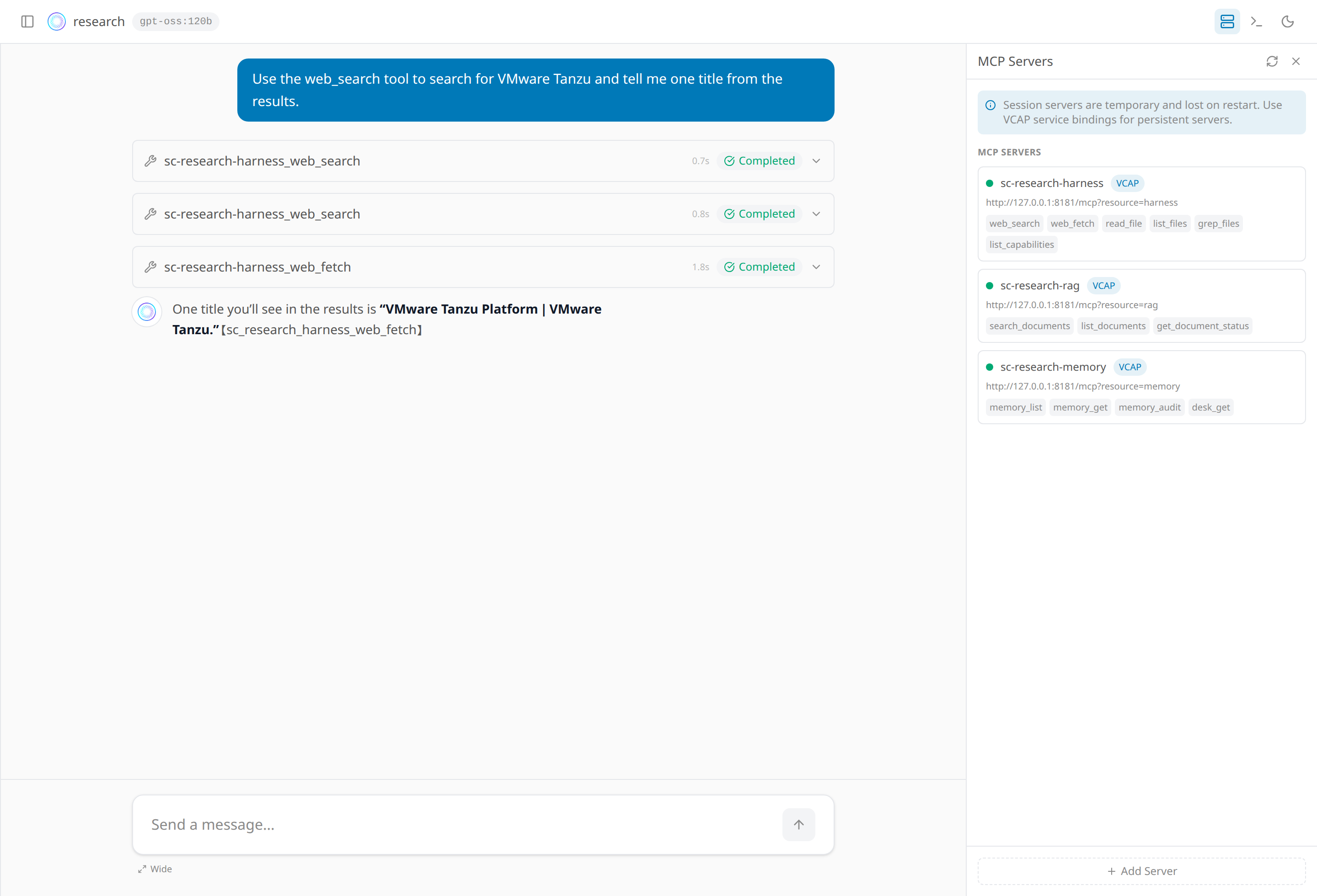 The research agent asked to web_search for VMware Tanzu, calling sc-research-harness_web_search then web_fetch, and answering with the title VMware Tanzu Platform. Its MCP panel holds three doors on 127.0.0.1:8181: harness (web_search, web_fetch, files), rag, and memory