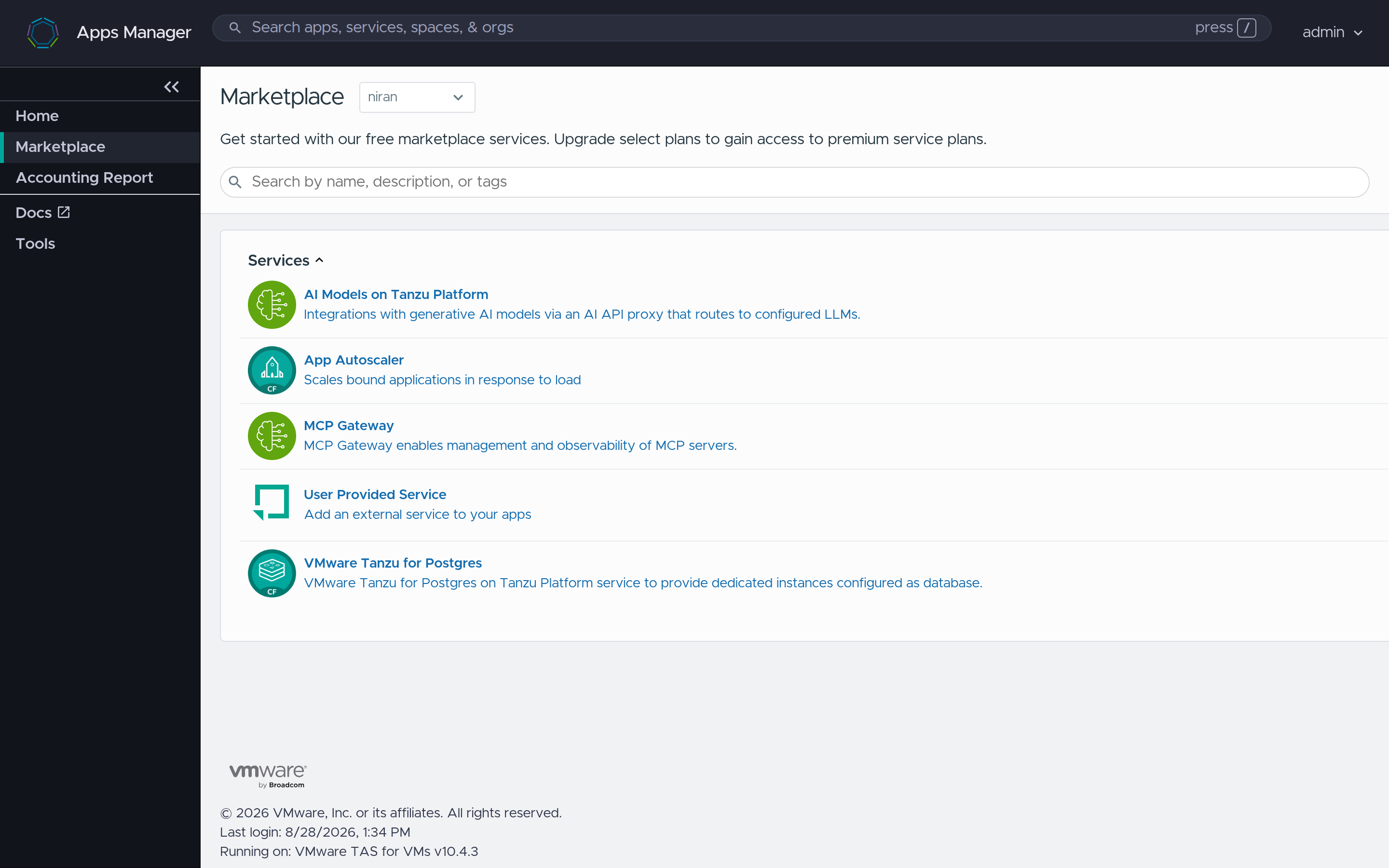 Tanzu Apps Manager marketplace in the niran space: AI Models on Tanzu Platform, MCP Gateway, App Autoscaler, User Provided Service, and VMware Tanzu for Postgres
