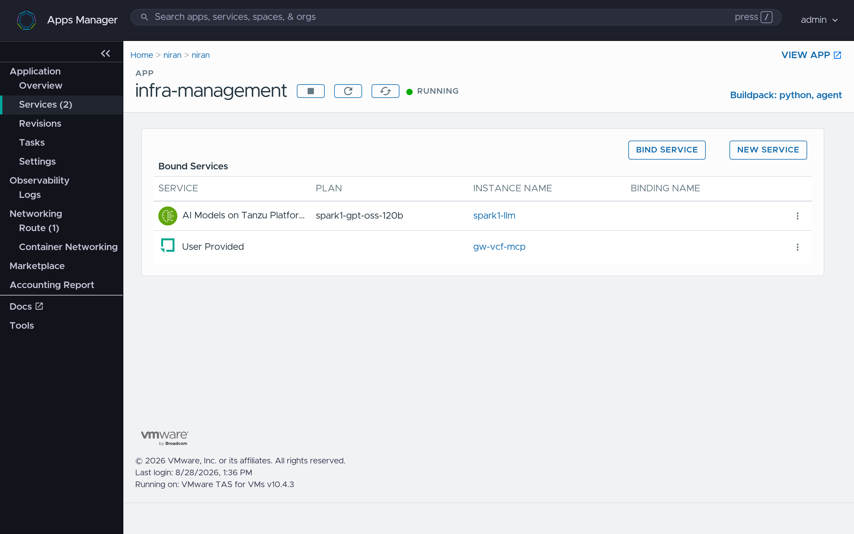 Apps Manager Services for infra-management: BIND SERVICE, bound to spark1-llm (AI Models, plan spark1-gpt-oss-120b) and gw-vcf-mcp (user-provided VCF MCP)