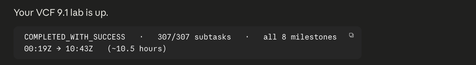 VCF 9.1 lab deployment complete: three nested hosts, vSAN ESA, NSX, SDDC Manager, 307 of 307 subtasks with zero failures